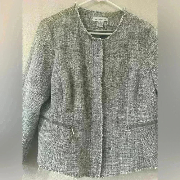Liz Claiborne women’s tweed zip up fringe jacket size L - Picture 4 of 12